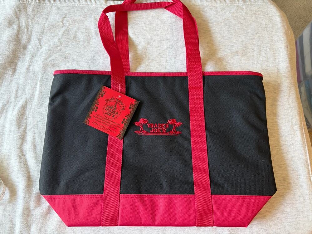 Trader Joes Insulated Tote Bag Black Red Grocery Shopping Cooler Large 20x14